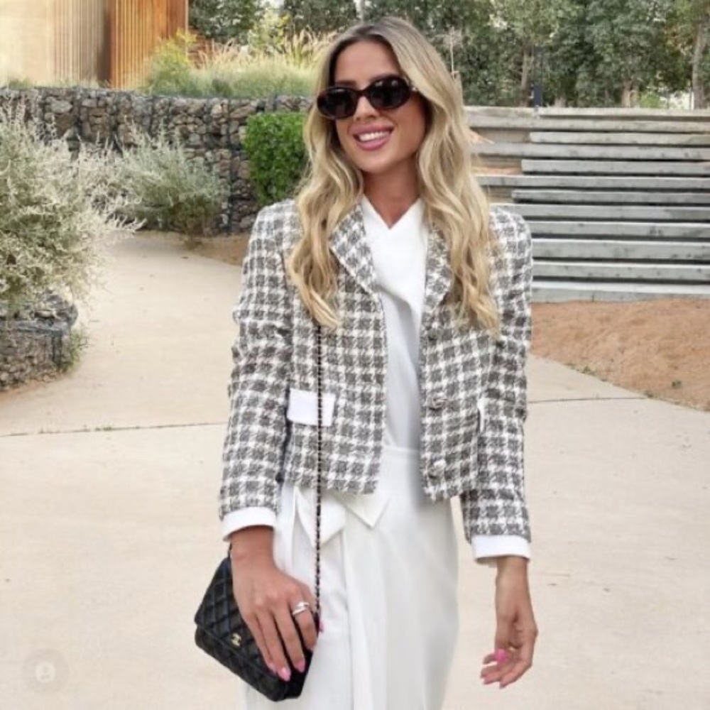 ZARA CROPPED CHECKED TWEED WEAVE TEXTURE BLAZER ECRU/KHAKI Gray/White XS NEW